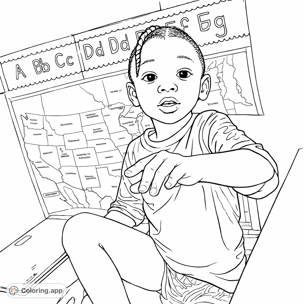 A charming child poses playfully against a backdrop of educational alphabet and USA map posters, perfect for young learners to color and explore.