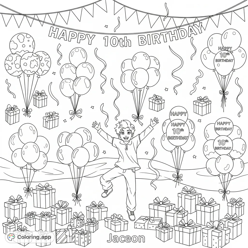 Celebrate Jaceon's 10th birthday with a dynamic coloring page featuring Jaceon, balloons, gifts, banners, and streamers. A joyful scene!