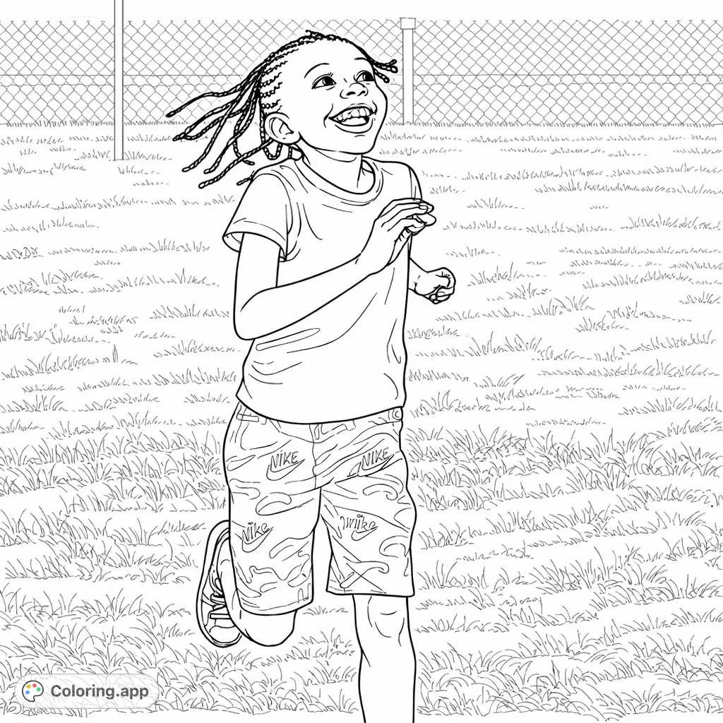 Capture the joyful energy of a child running with a bright smile amidst a grassy field. A delightful scene for young colorists to express creativity.
