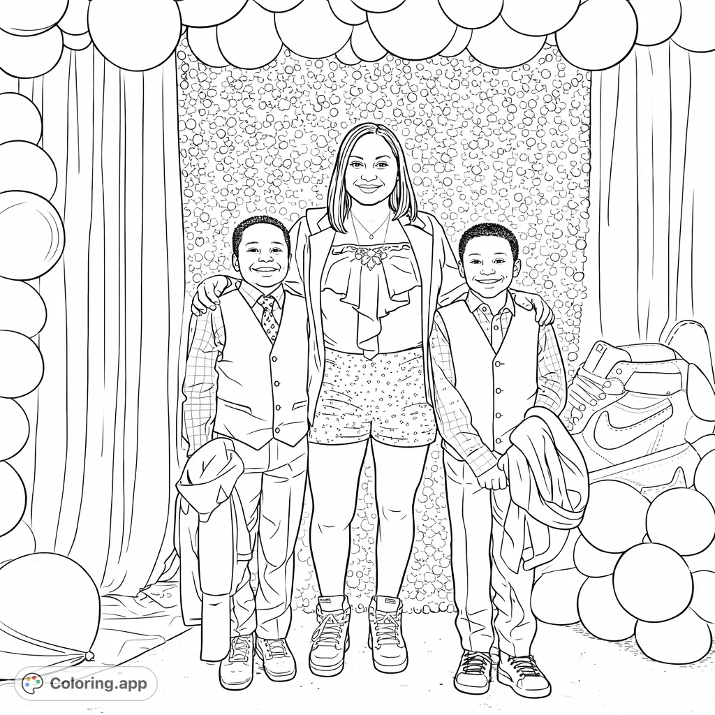 A joyful family poses together at a festive event, surrounded by balloons and a shimmering backdrop. Perfect for celebrating family bonds.