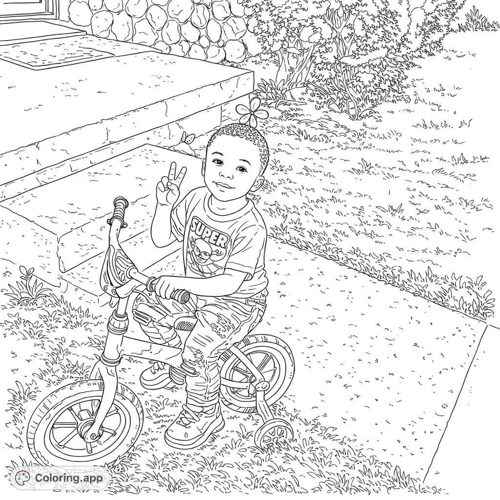 A charming coloring page featuring a young child on a bicycle with training wheels, holding up three fingers. Perfect for little adventurers to personalize.