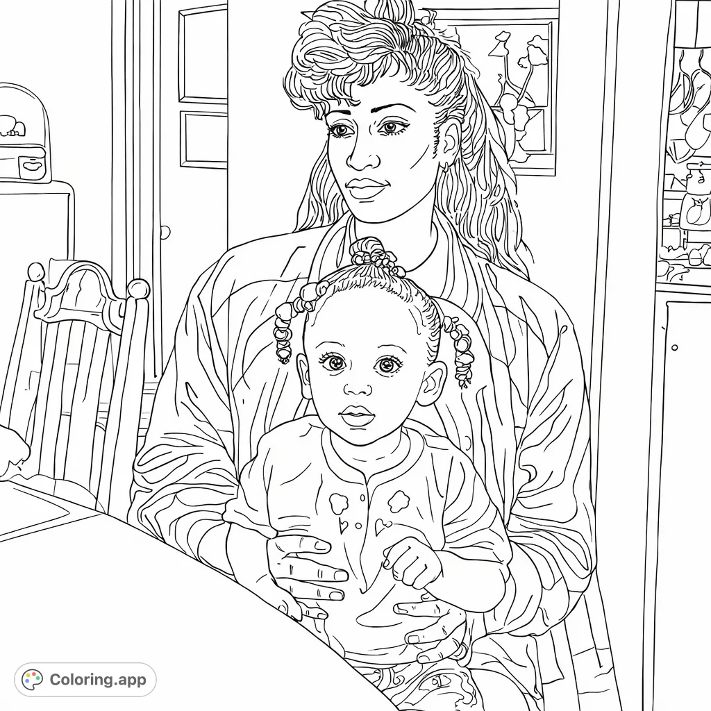 Capture a tender moment with this mother and child coloring page. Features a woman gently holding a baby, perfect for expressing warmth and connection. Free printable.