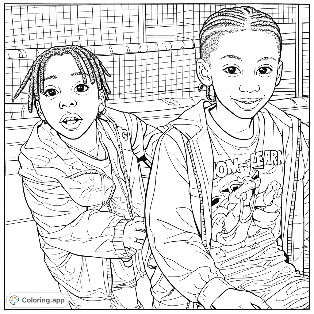 Capture the joy of playtime with two young boys ready for adventure. This engaging coloring page features children in a lively play environment, perfect for creative expression.