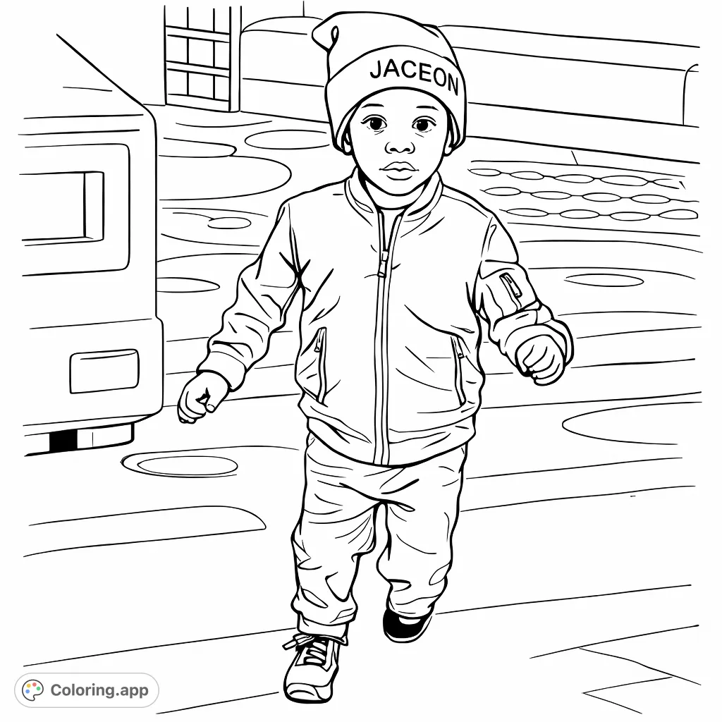 A charming child explores a lively indoor play area, dressed in a cool jacket and beanie. Perfect for young colorists to bring to life with their favorite hues.