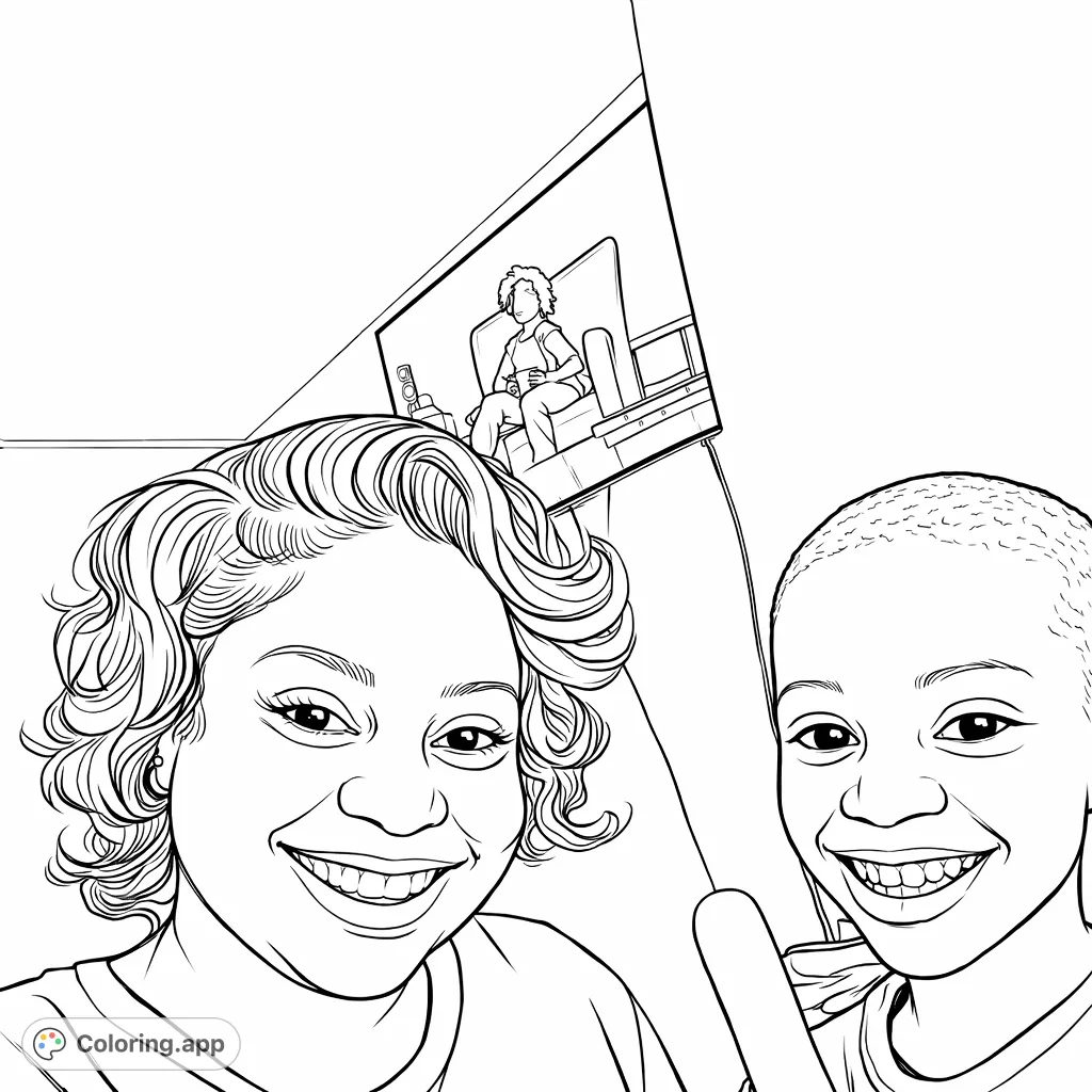A heartwarming portrait of a smiling woman and boy, celebrating family bonds and shared joy. Features clear outlines for an enjoyable coloring experience.