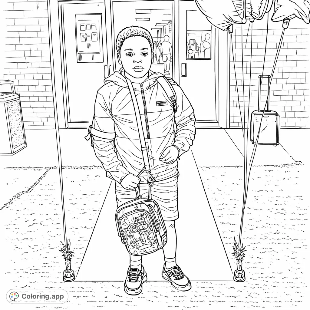 A young student makes a grand entrance on a festive carpet, surrounded by celebratory decorations at school. A fun back-to-school coloring page.