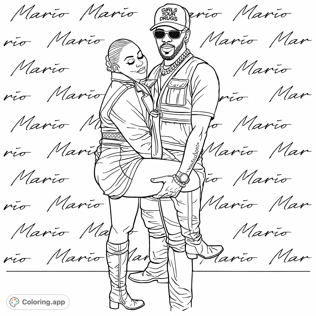 Capture a stylish couple in a loving embrace, featuring detailed fashion and a dynamic pose. Perfect for fashion enthusiasts and adult colorists.