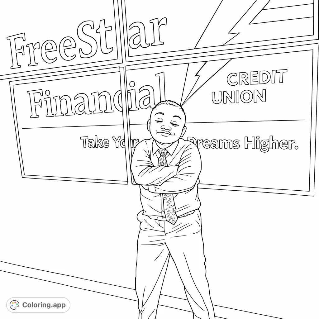 A confident young boy in formal attire stands before puzzle-piece signs, ready to inspire dreams and financial aspirations in this engaging coloring page.