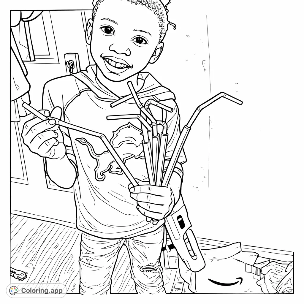 A cheerful child holds a collection of flexible straws, ready for a creative coloring adventure. Perfect for young artists!