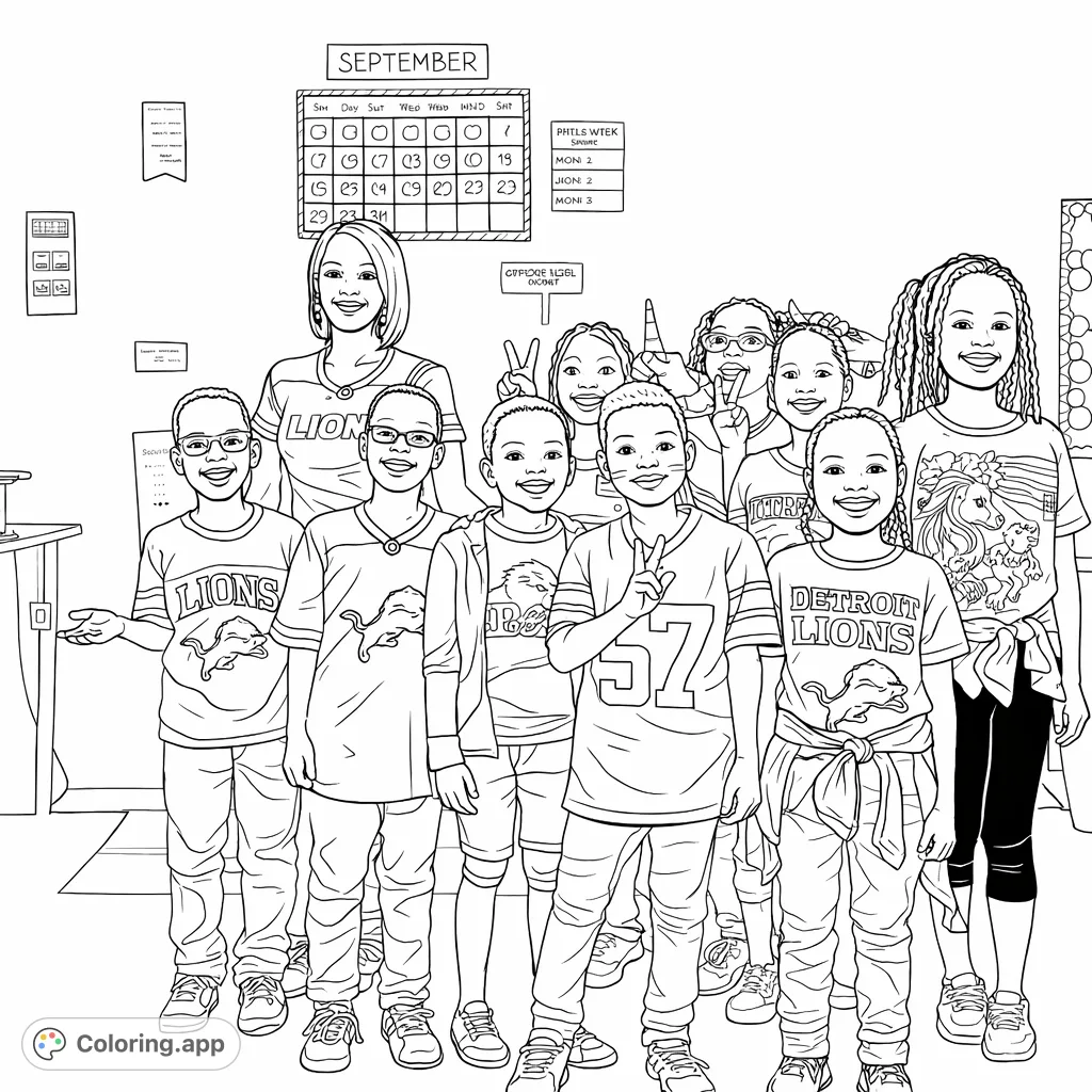 A happy adult and a group of children pose in a classroom, many wearing lion-themed apparel. A fun and detailed scene celebrating school and team spirit.
