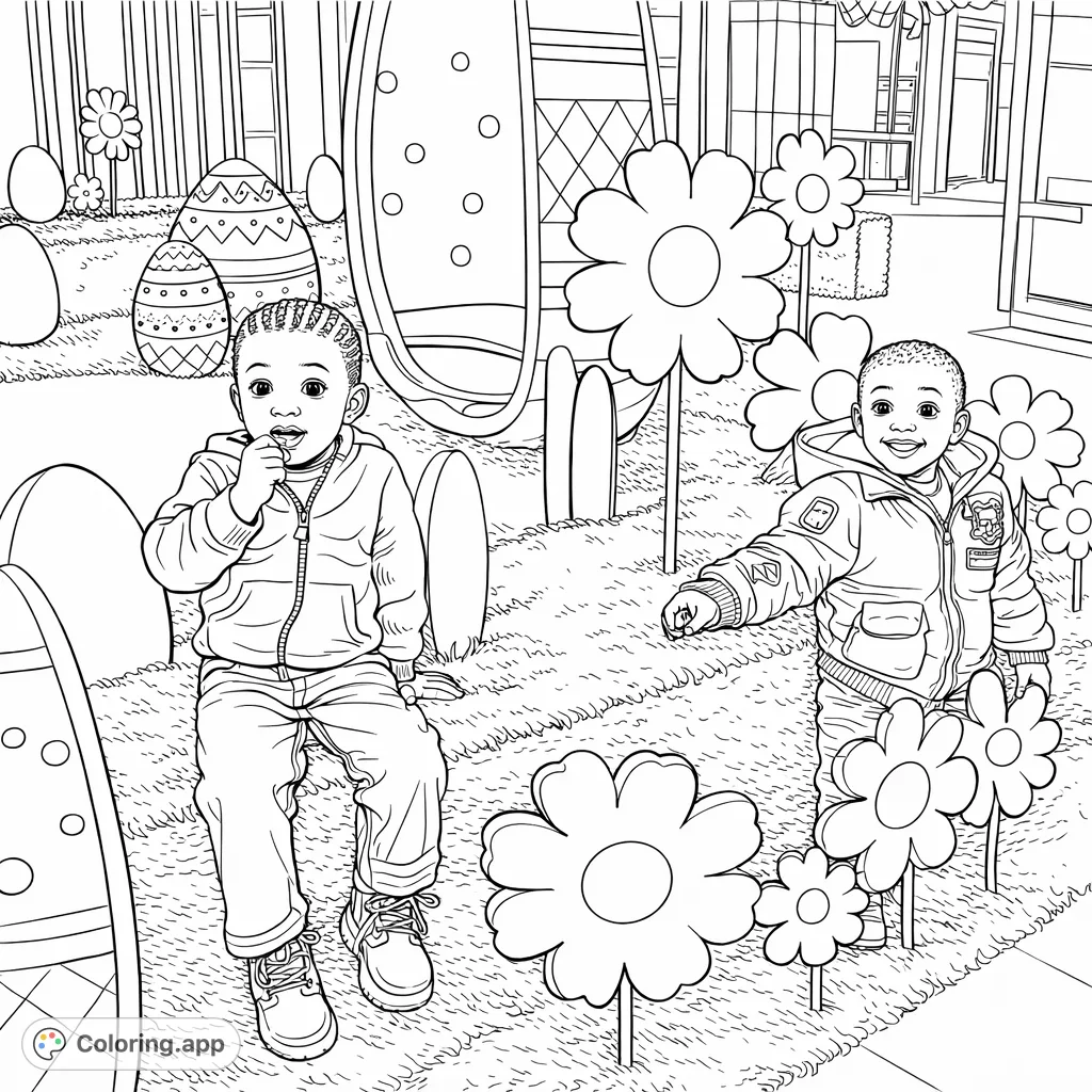 Two children explore a playful spring display with oversized flowers and patterned eggs, offering a delightful and engaging coloring experience.