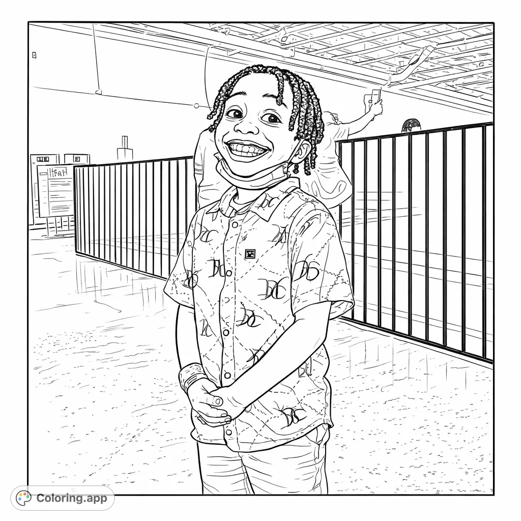 A delightful coloring page featuring a smiling boy in an exciting arcade setting, perfect for capturing joyful moments and creative expression.
