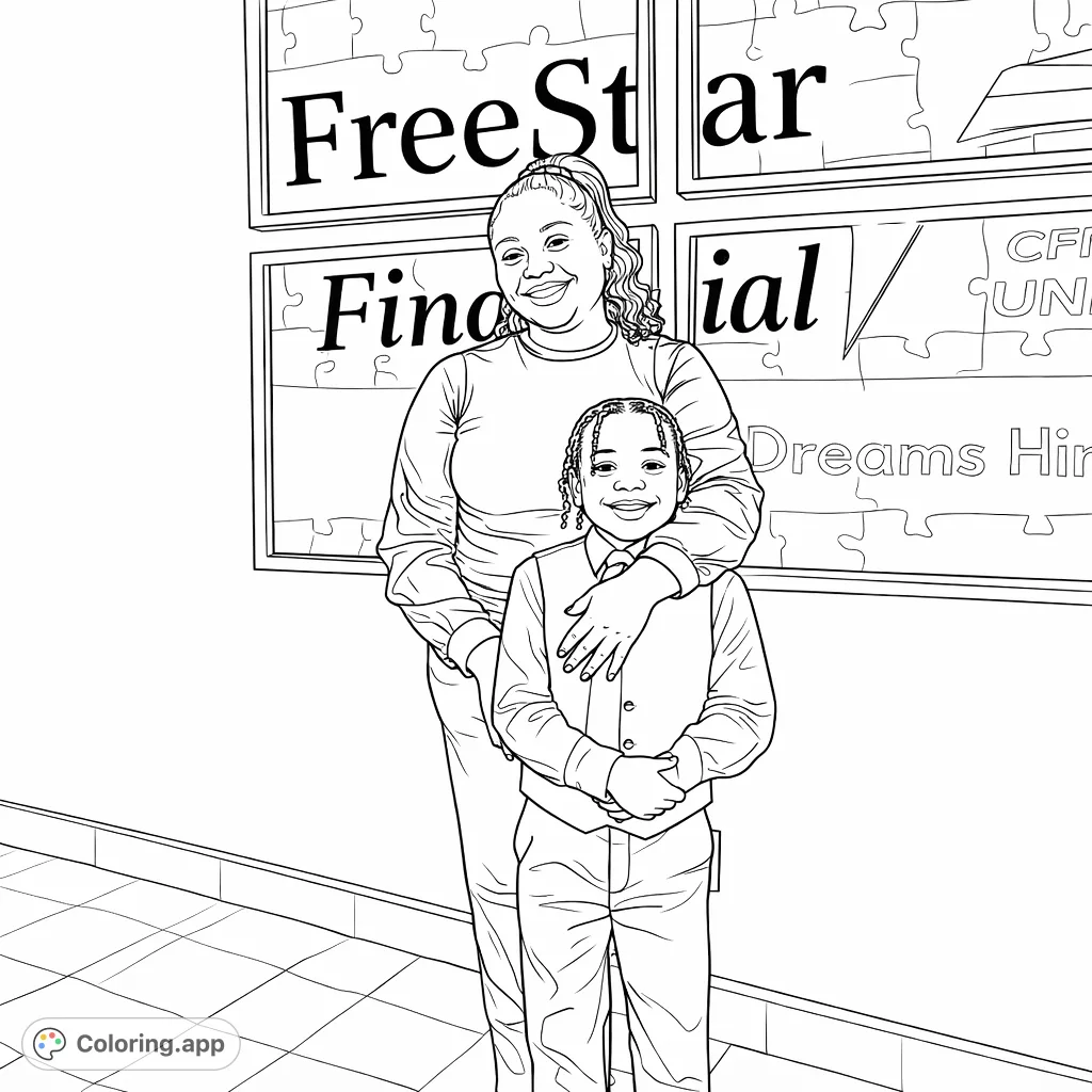 A heartwarming portrait of an adult and child, perfect for coloring. Features smiling faces, formal attire, and a unique puzzle-piece background.