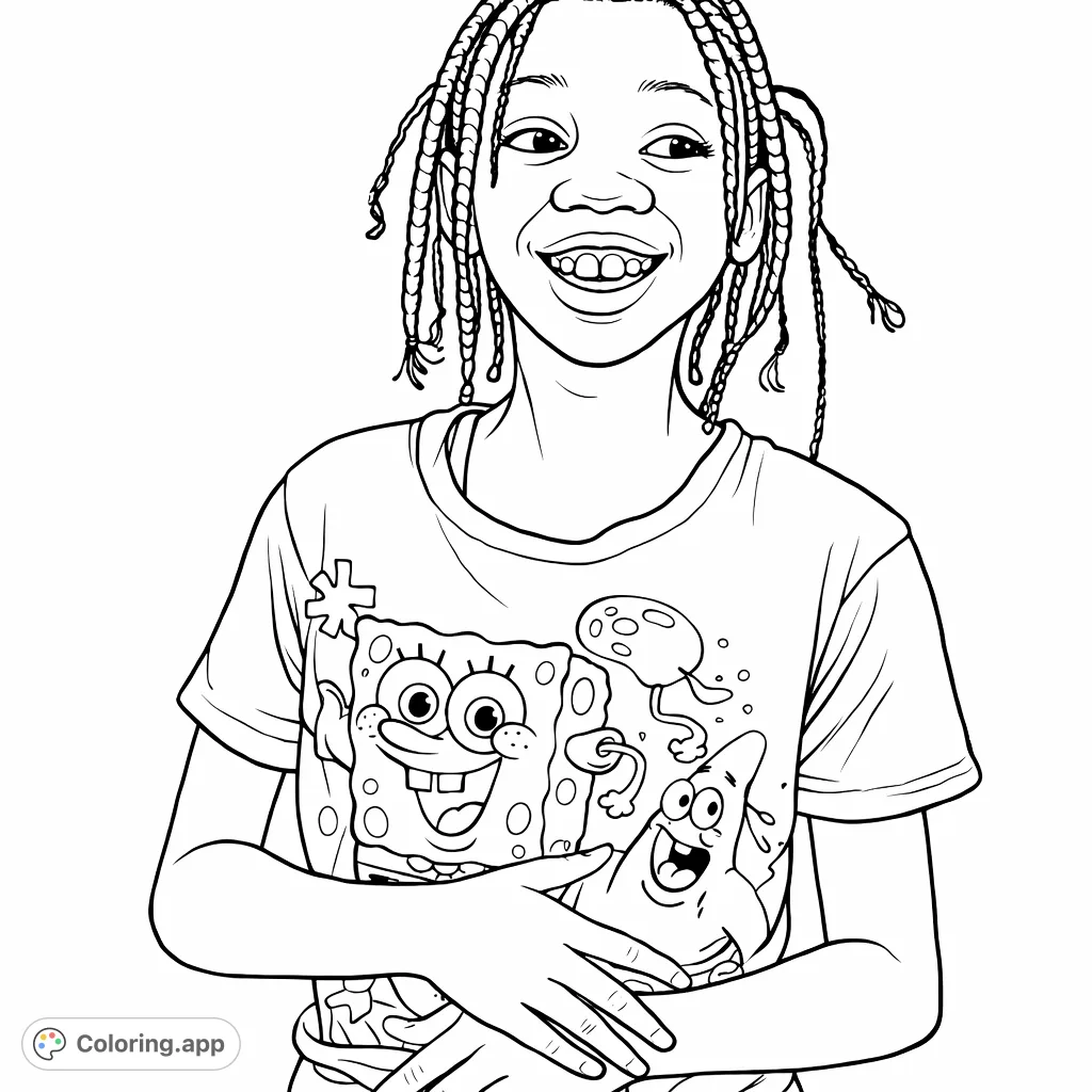 A joyful girl with braided hair, smiling widely, wearing a fun t-shirt featuring popular animated characters, set against an outdoor backdrop.