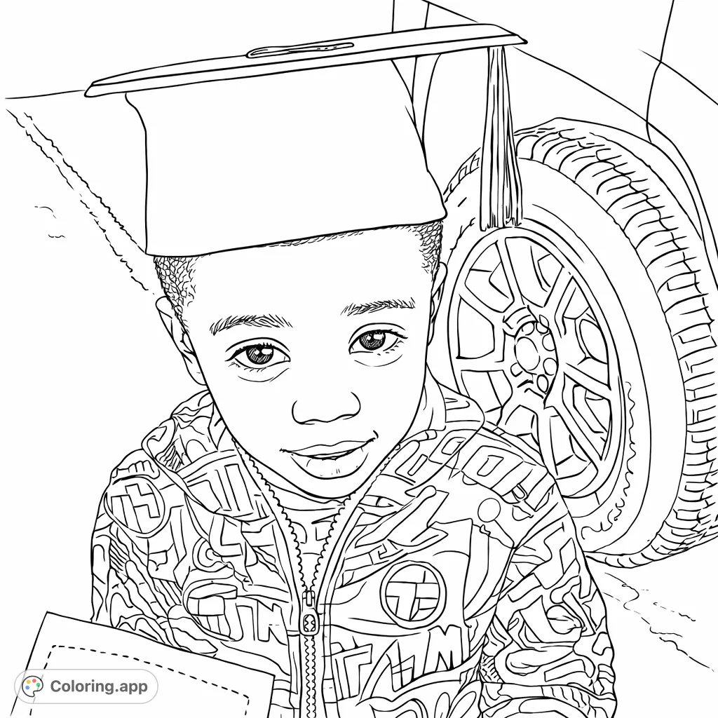 Celebrate a special milestone with this adorable young graduate coloring page. Features a child in a graduation cap and patterned jacket, ready for their big day.
