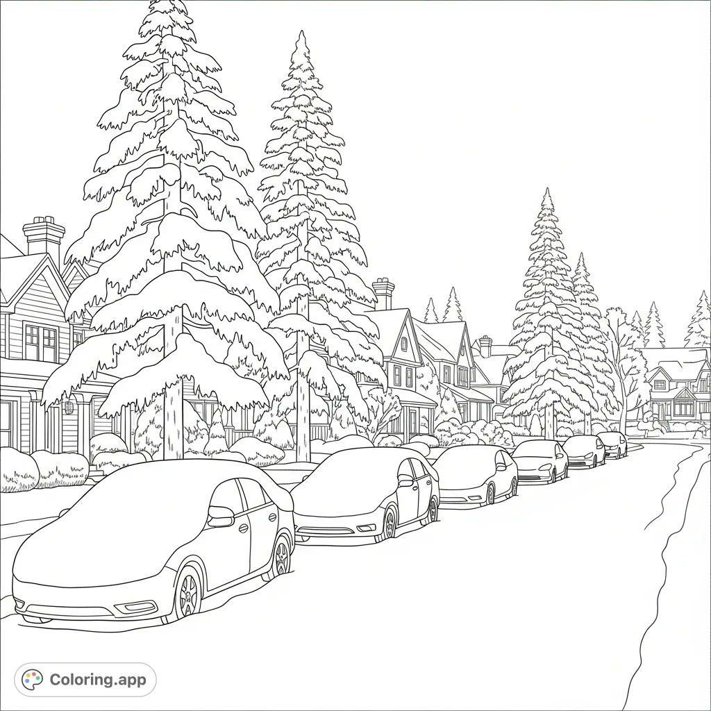 Capture the serene beauty of a quiet winter street. Snow-laden trees, cars, and houses create a peaceful, detailed scene for creative coloring enjoyment.