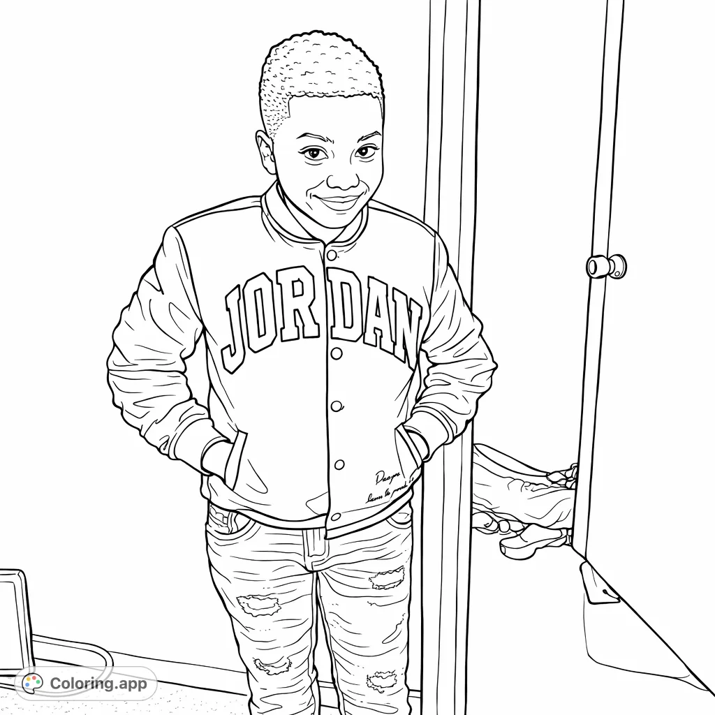 Color a cool boy in a trendy varsity jacket and distressed jeans. Perfect for fashion enthusiasts and capturing modern youth style. A fun, free printable coloring page.