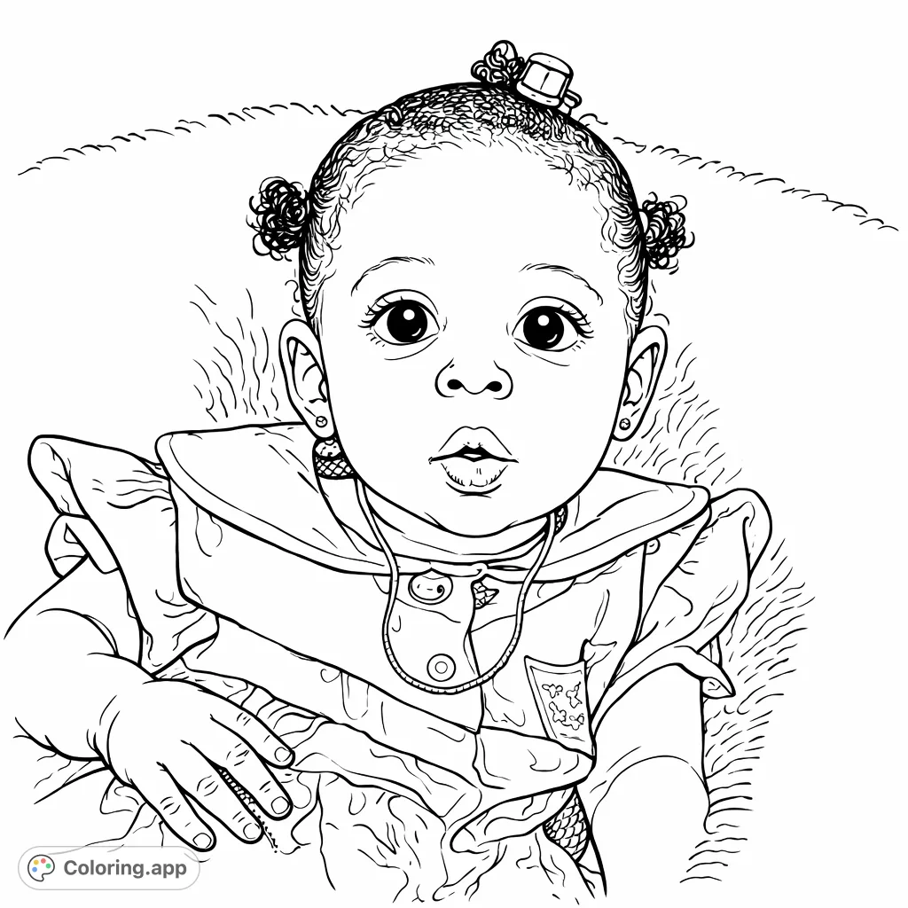 Capture the innocence of a wide-eyed baby in a delightful portrait. This baby coloring page features a charming infant with a bow and necklace.