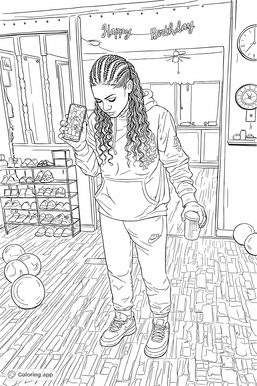 Capture a festive birthday scene featuring a person holding a phone and cup, surrounded by party decorations and a shoe collection. Fun for all ages!