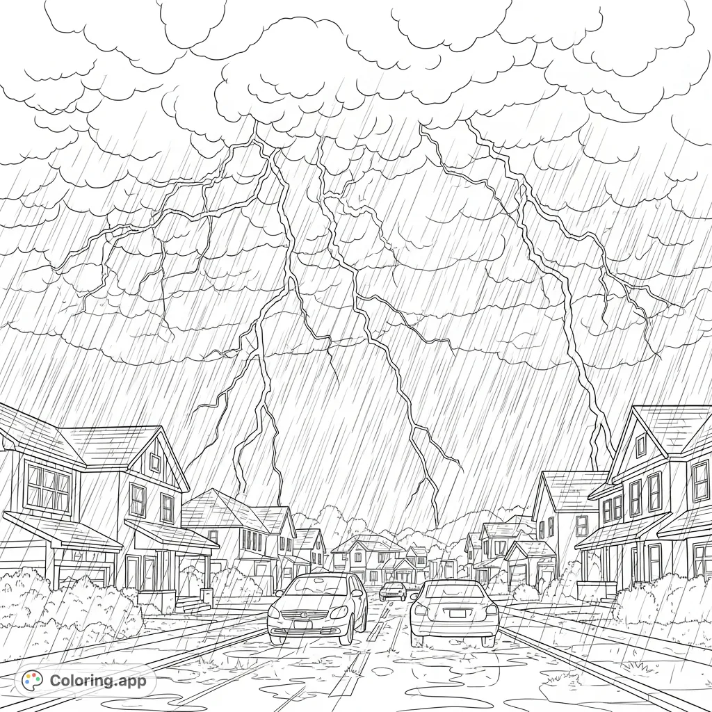 Experience the intense drama of a powerful storm with lightning bolts, heavy rain, houses nestled securely, and cars navigating wet streets in this dynamic coloring page.