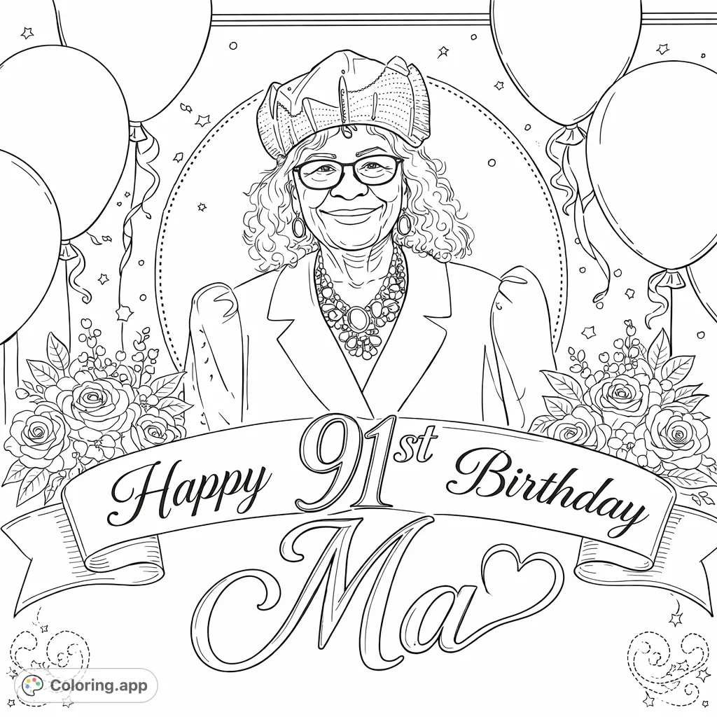 An elegant birthday celebration featuring a smiling matriarch framed by festive balloons, roses, and a special banner. A heartwarming, detailed scene.