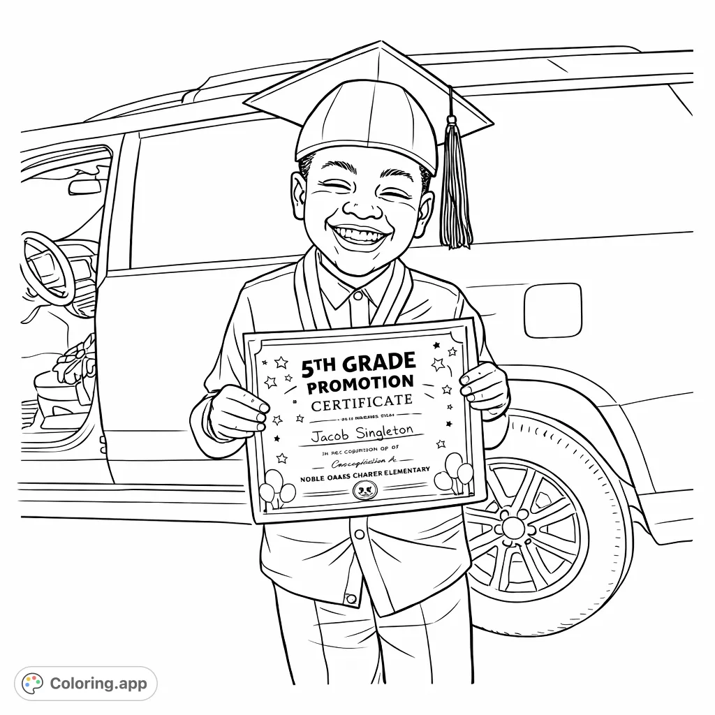 Celebrate a proud milestone! This coloring page features a smiling young graduate in a cap and gown, holding a promotion certificate against a vehicle backdrop.