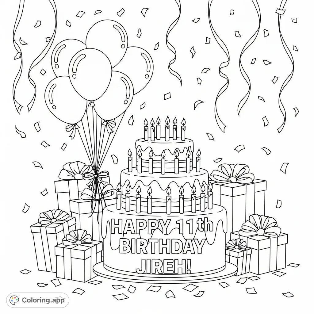 Celebrate Jireh's 11th birthday with a festive coloring page featuring a multi-tiered cake, gifts, balloons, and "Happy 11th Birthday Jireh!" text.