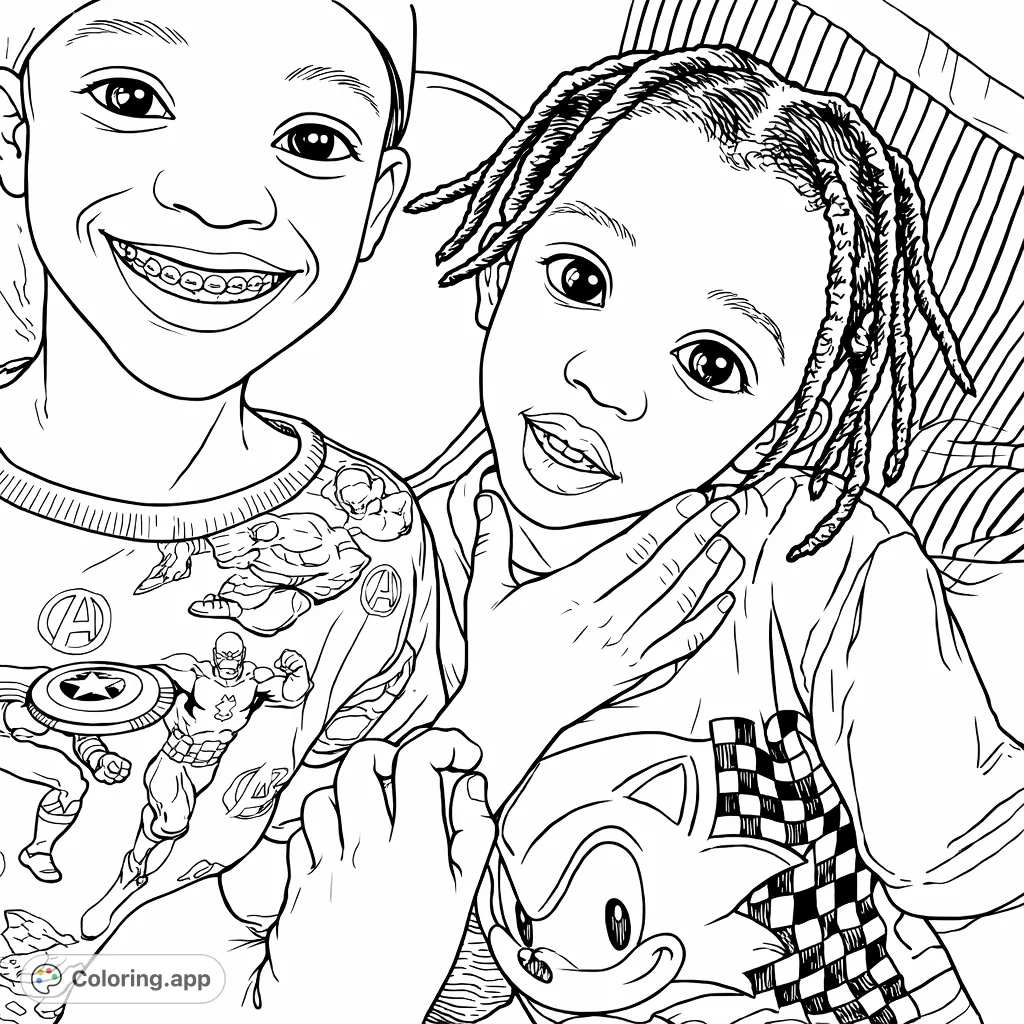 Capture the candid joy of two children in this playful coloring page. Featuring expressive faces, a superhero shirt, and a video game character design.