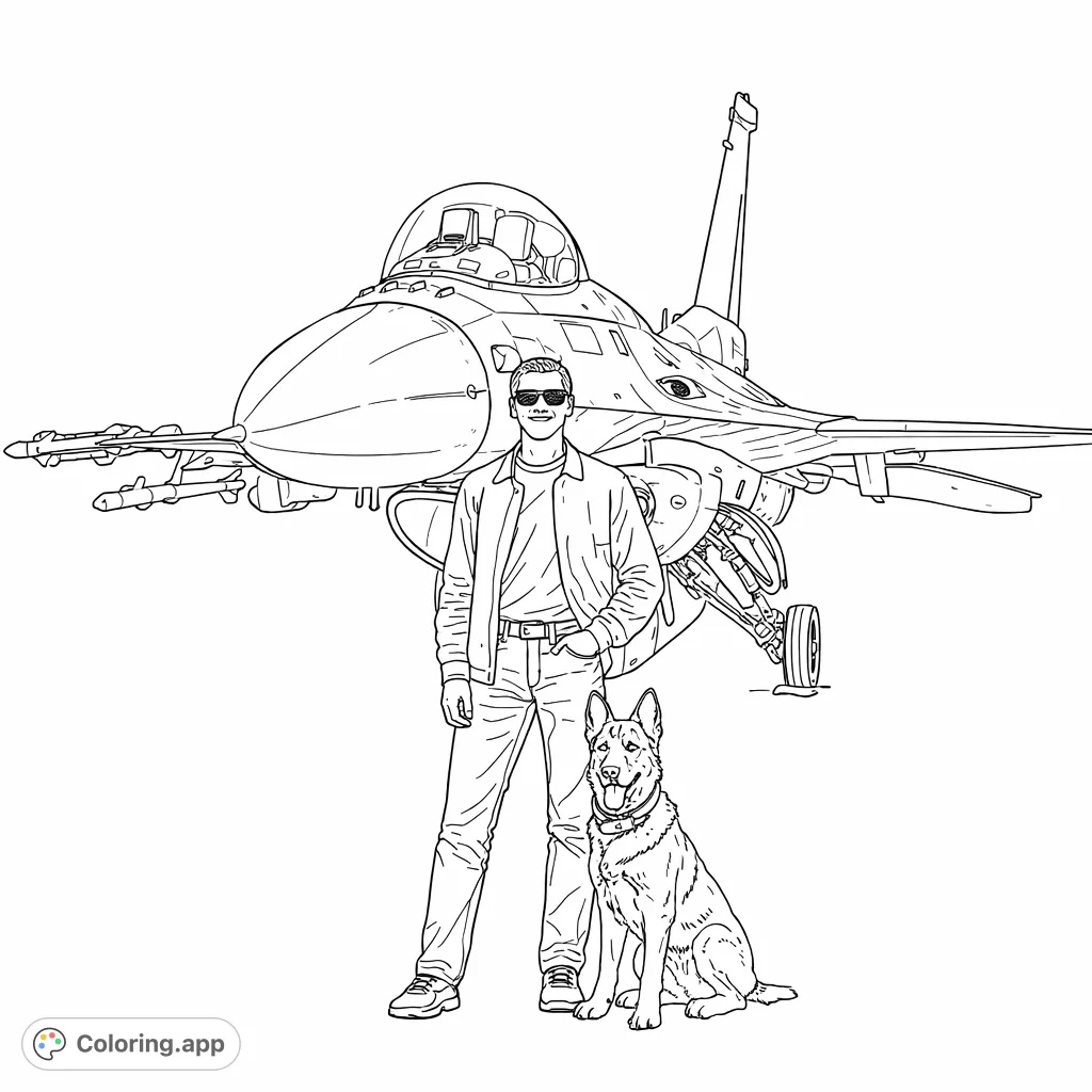 Color a thrilling scene featuring an aviator and his loyal dog standing proudly before a detailed fighter jet, ready for adventure. A striking military-themed design.