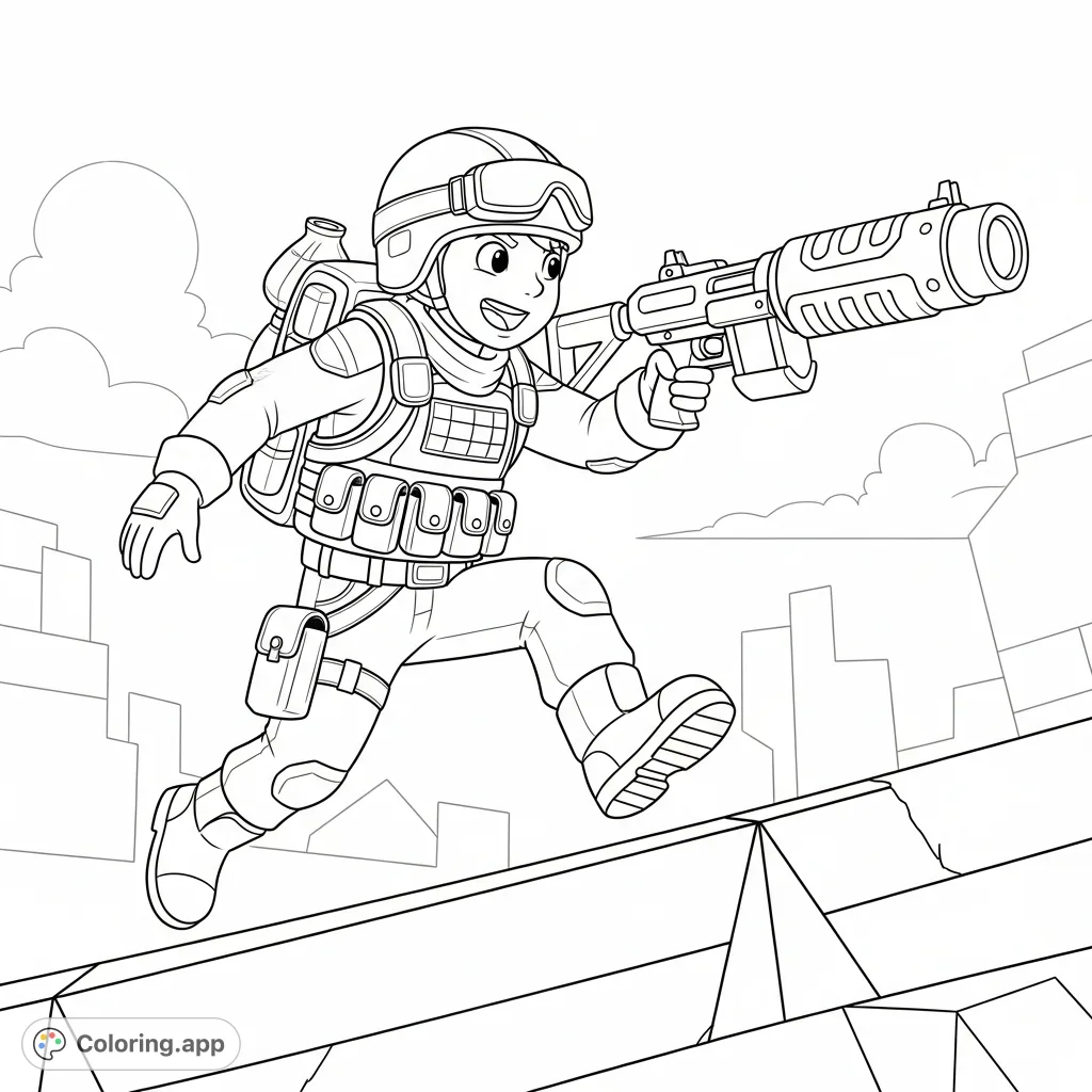 A cheerful cartoon hero in tactical gear leaps over an angular barrier, wielding a toy-like weapon amidst abstract game-world architecture. Perfect for young adventurers!