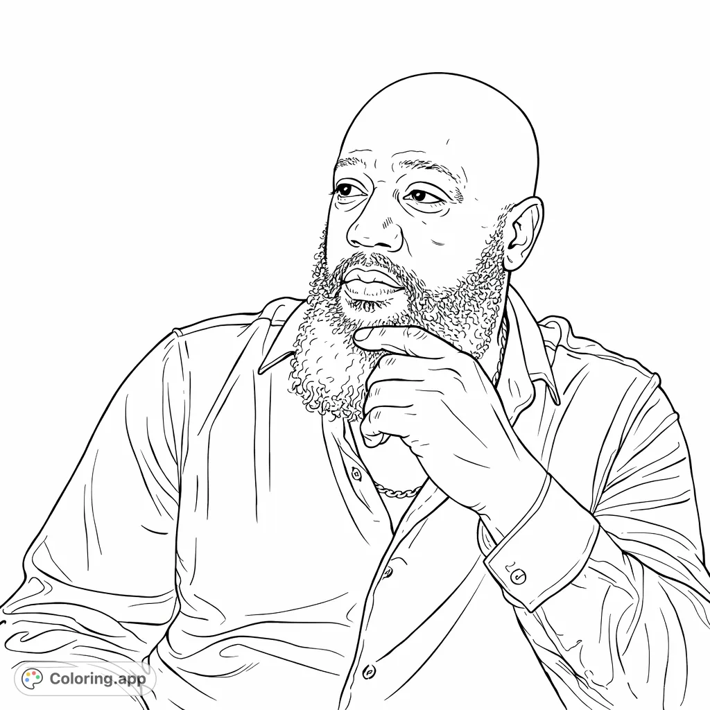 A contemplative portrait of a man with a detailed beard and thoughtful expression, ideal for adult coloring enthusiasts seeking depth and reflection.