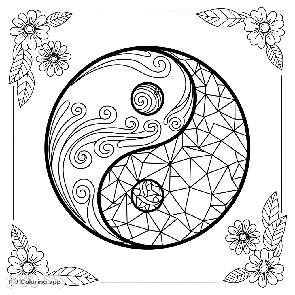 Explore intricate patterns within a classic yin yang symbol. A detailed design, perfect for mindful coloring and creative expression, offering balance and duality.
