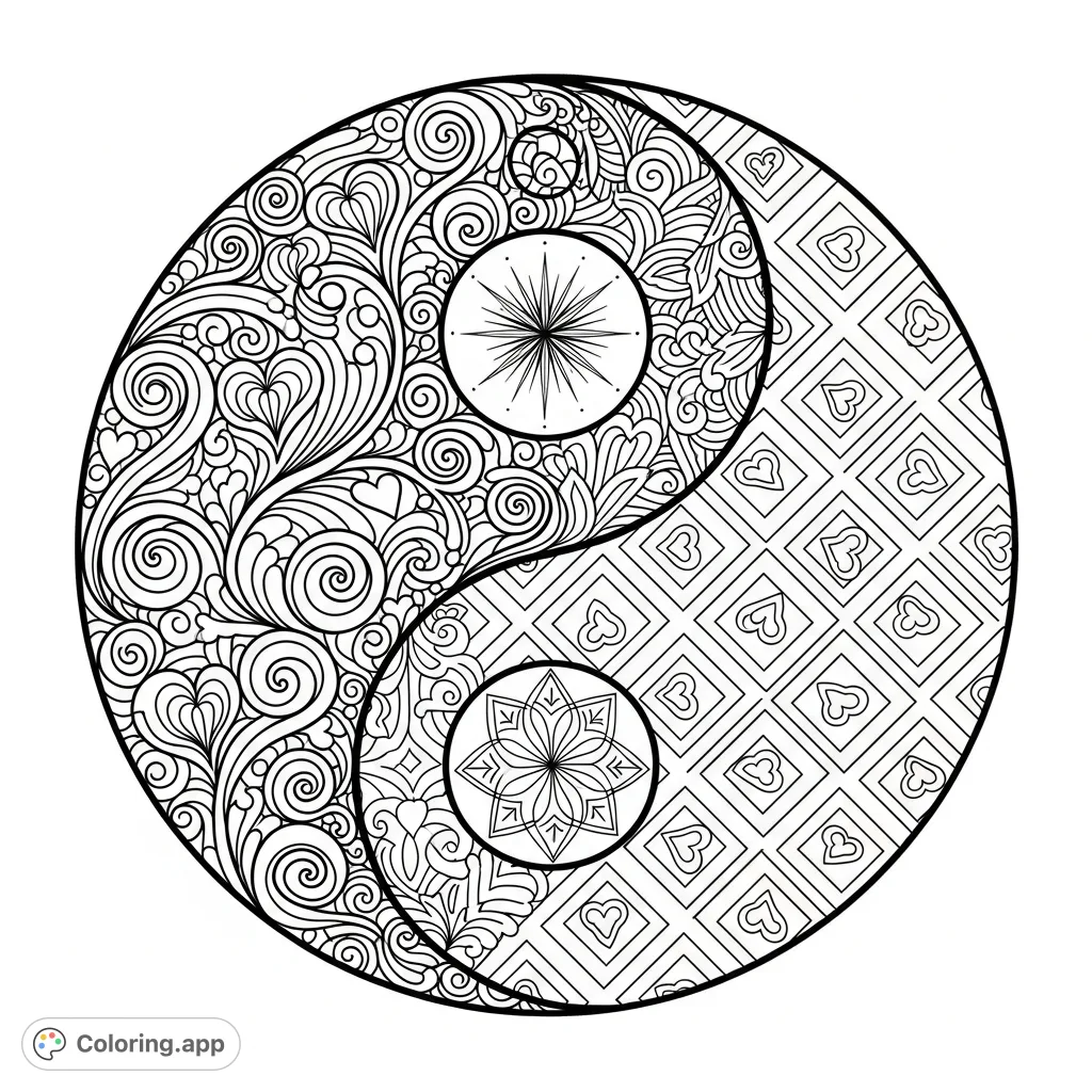 Discover balance and contrast with this unique yin yang coloring page, featuring intricate organic and geometric patterns for mindful creativity.