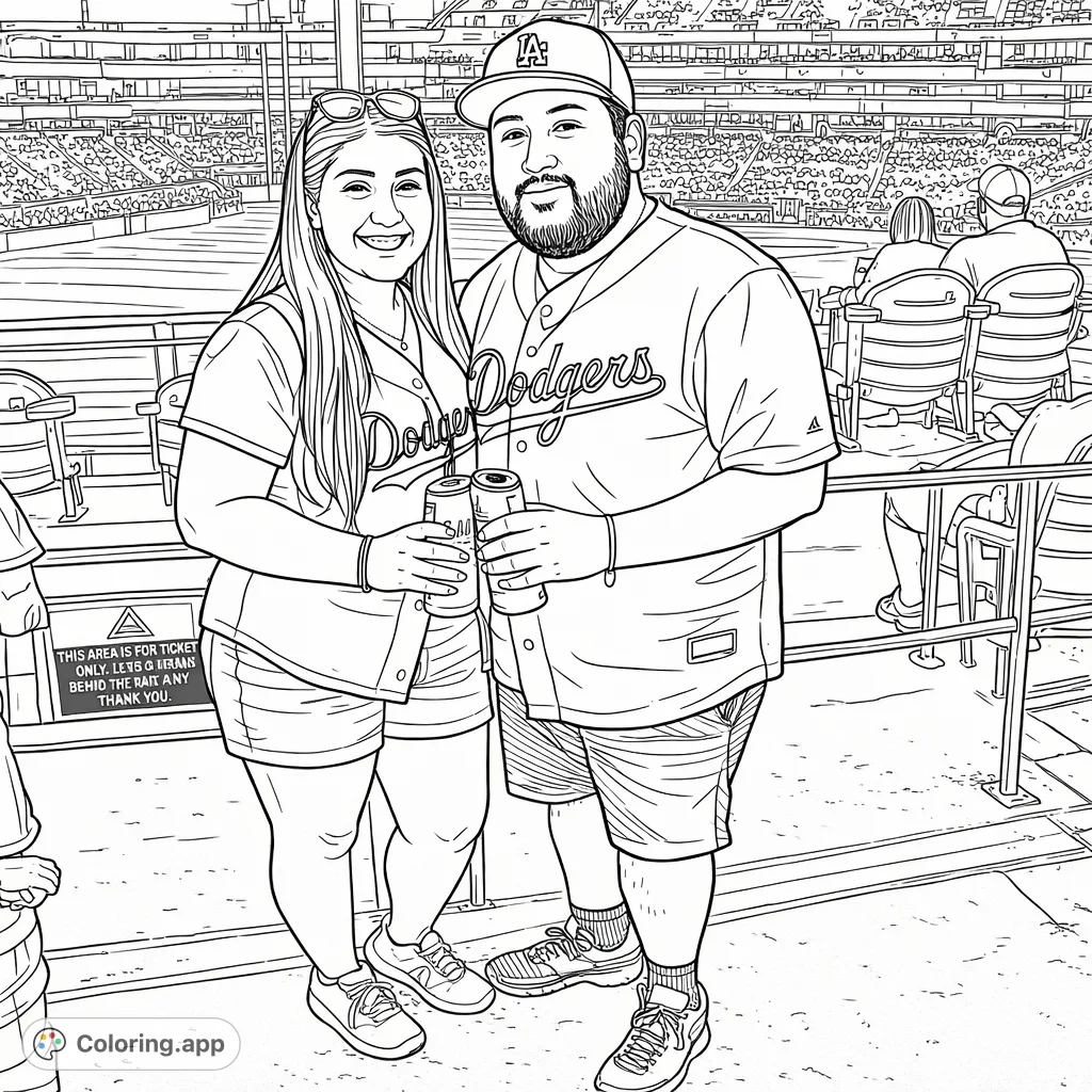 Capture the excitement of a baseball game with this detailed coloring page featuring a smiling fan couple at the stadium, perfect for sports enthusiasts.