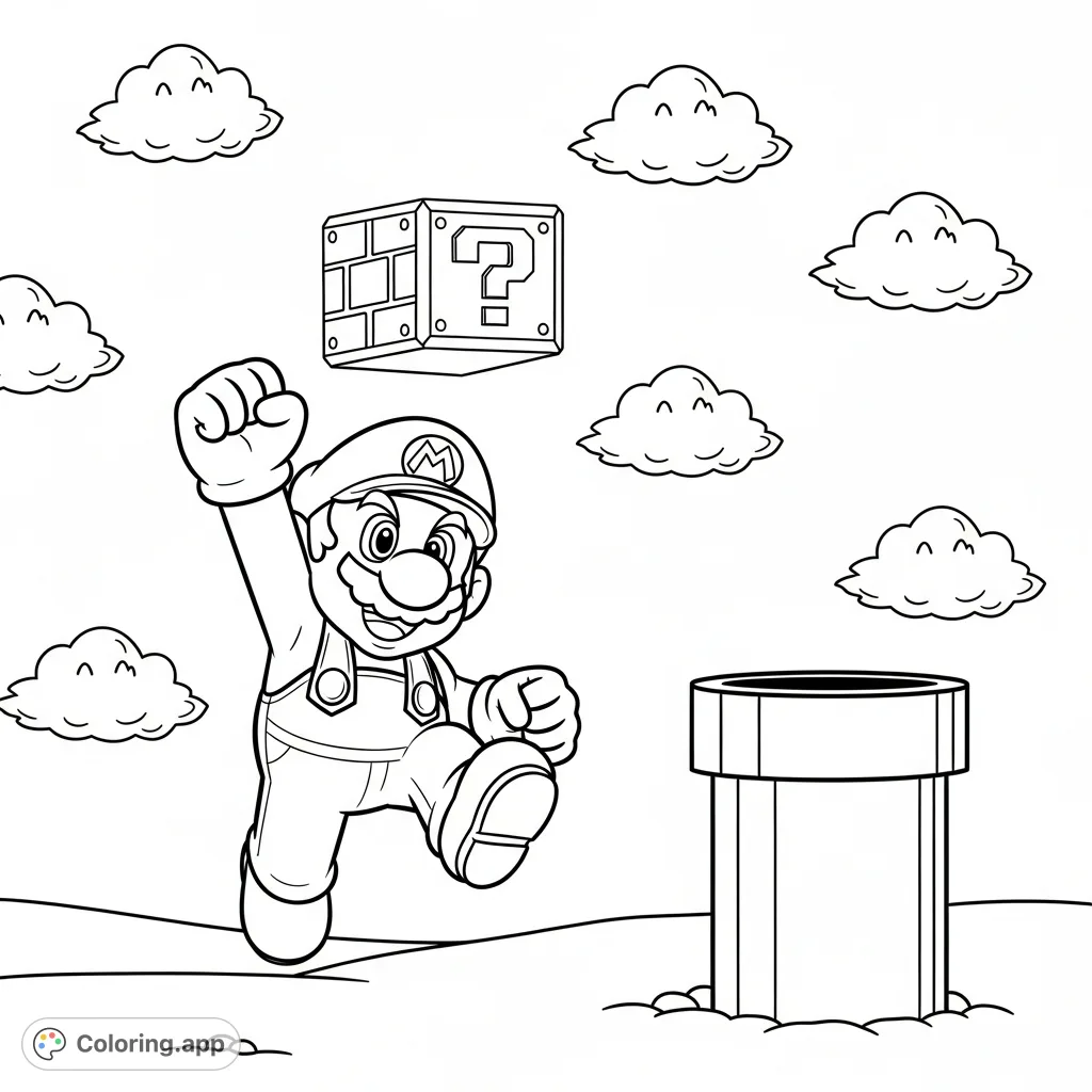 Dive into the world of Super Mario with this action-packed Mario coloring page! Mario is shown mid-jump, ready to hit a question mark block in a classic scene.