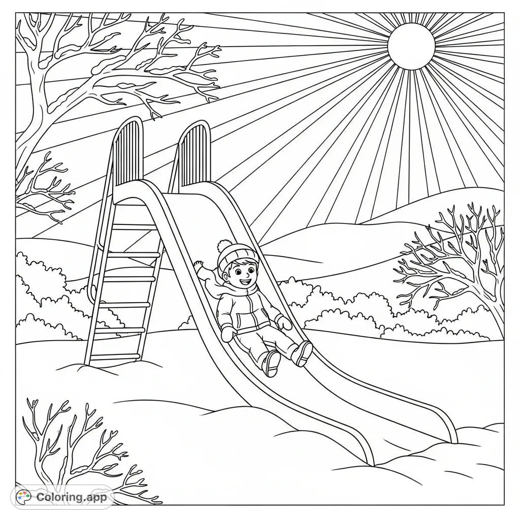 A cheerful 6-year-old boy gleefully slides down a tall slide amidst a serene, snow-covered winter landscape under a shining sun. A fun, free printable coloring page.