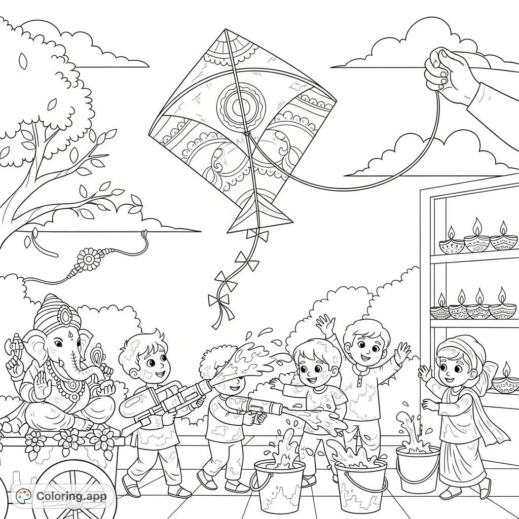 Experience a lively festival street scene featuring a patterned kite, children with Holi water guns, a decorated Ganesha, Rakhi thread, and Diwali Diyas.