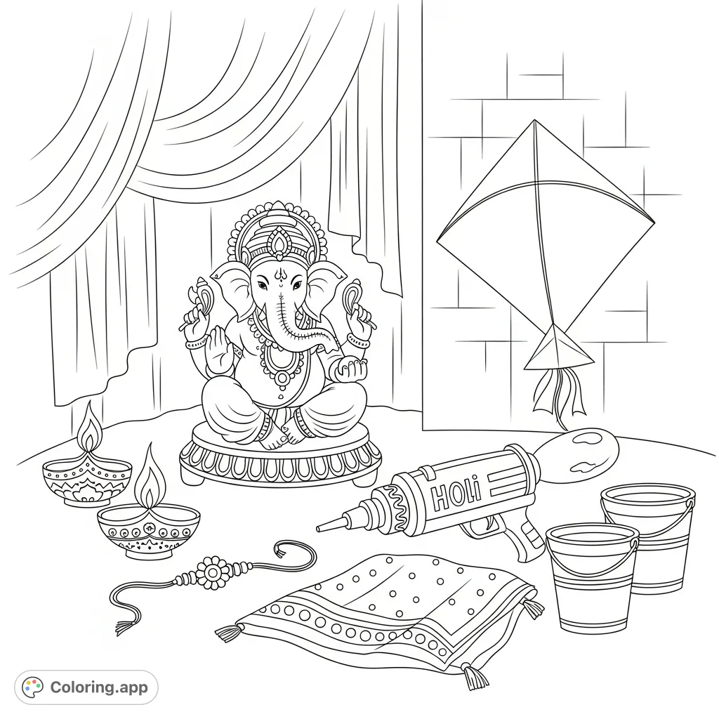 A decorated Ganesha idol is surrounded by symbols of Indian festivals: a flickering Diwali Diya, a Holi water gun, intricate Rakhi, and a kite. A joyful scene.