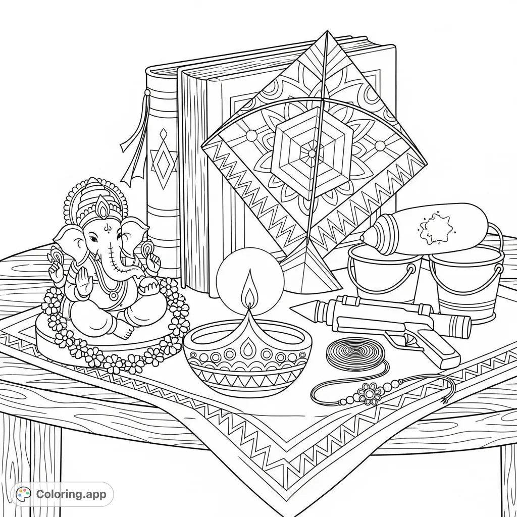 Explore a rich Indian festivals coloring page featuring a Diwali Diya, Ganesha idol, Holi water gun, and Rakhi, inviting vibrant personal expression.