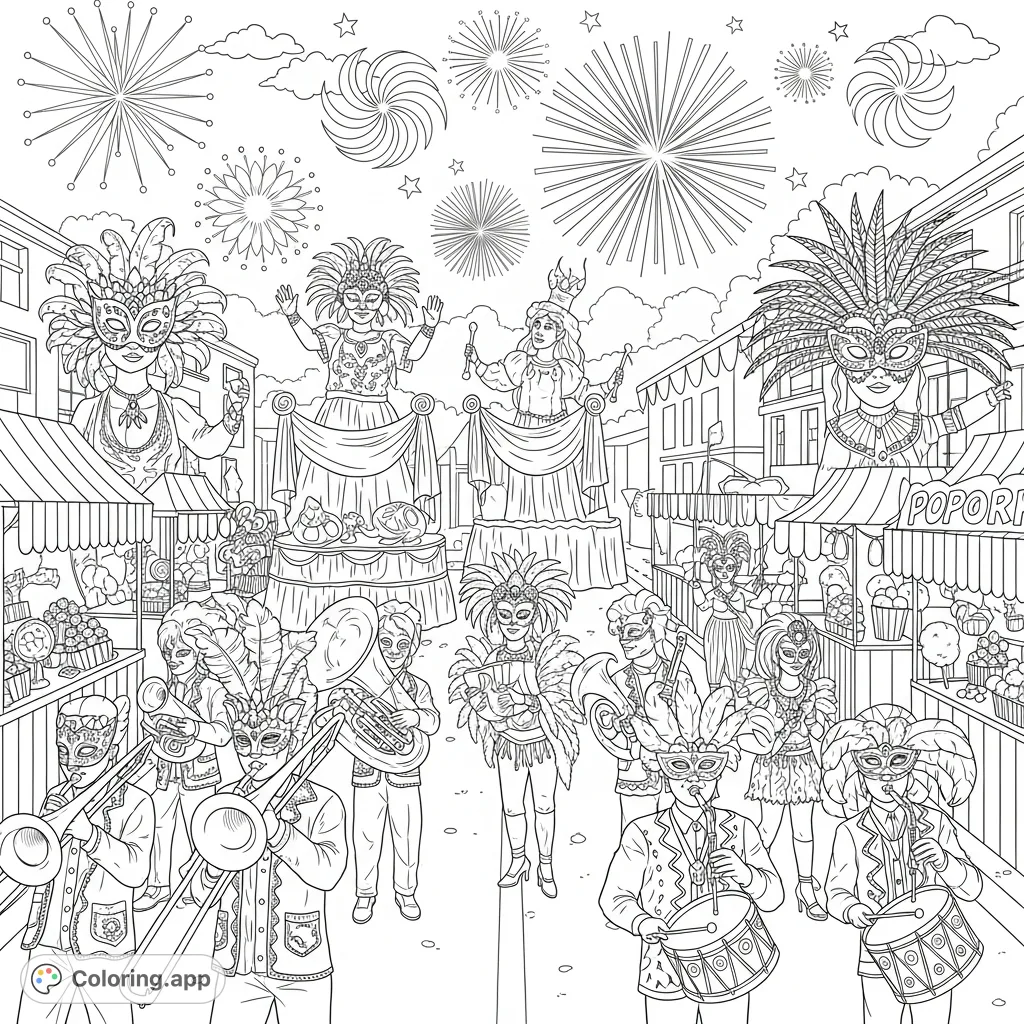 Immerse yourself in a lively carnival scene with masked figures, elaborate floats, musical bands, festive food stalls, and dazzling fireworks. A joyous celebration!