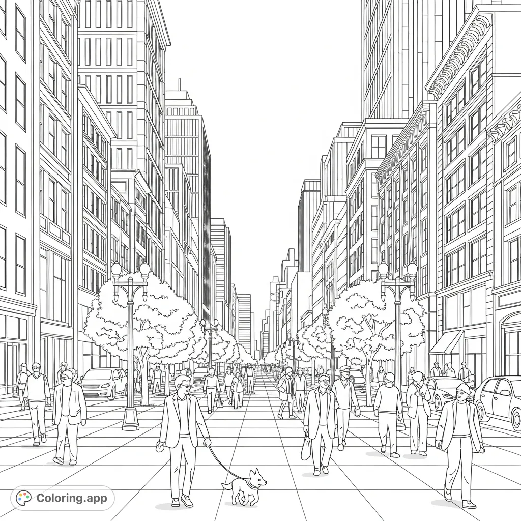 Explore a bustling urban streetscape with detailed architecture, strolling pedestrians, and street life, perfect for a free printable cityscape coloring page.