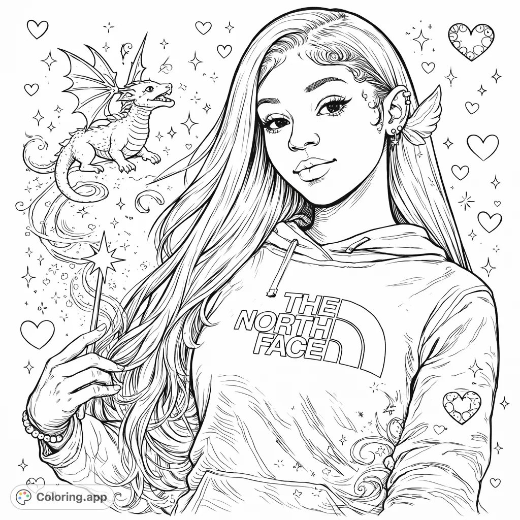 A stylish woman with long, detailed hair and fashionable attire. Features intricate heart patterns and subtle fantasy elements for a unique coloring experience.