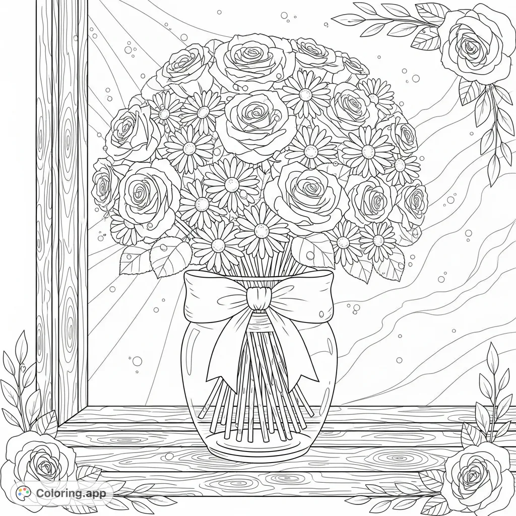 A delightful floral arrangement of roses and daisies in a glass vase on a rustic windowsill, bathed in gentle light and adorned with dew drops.