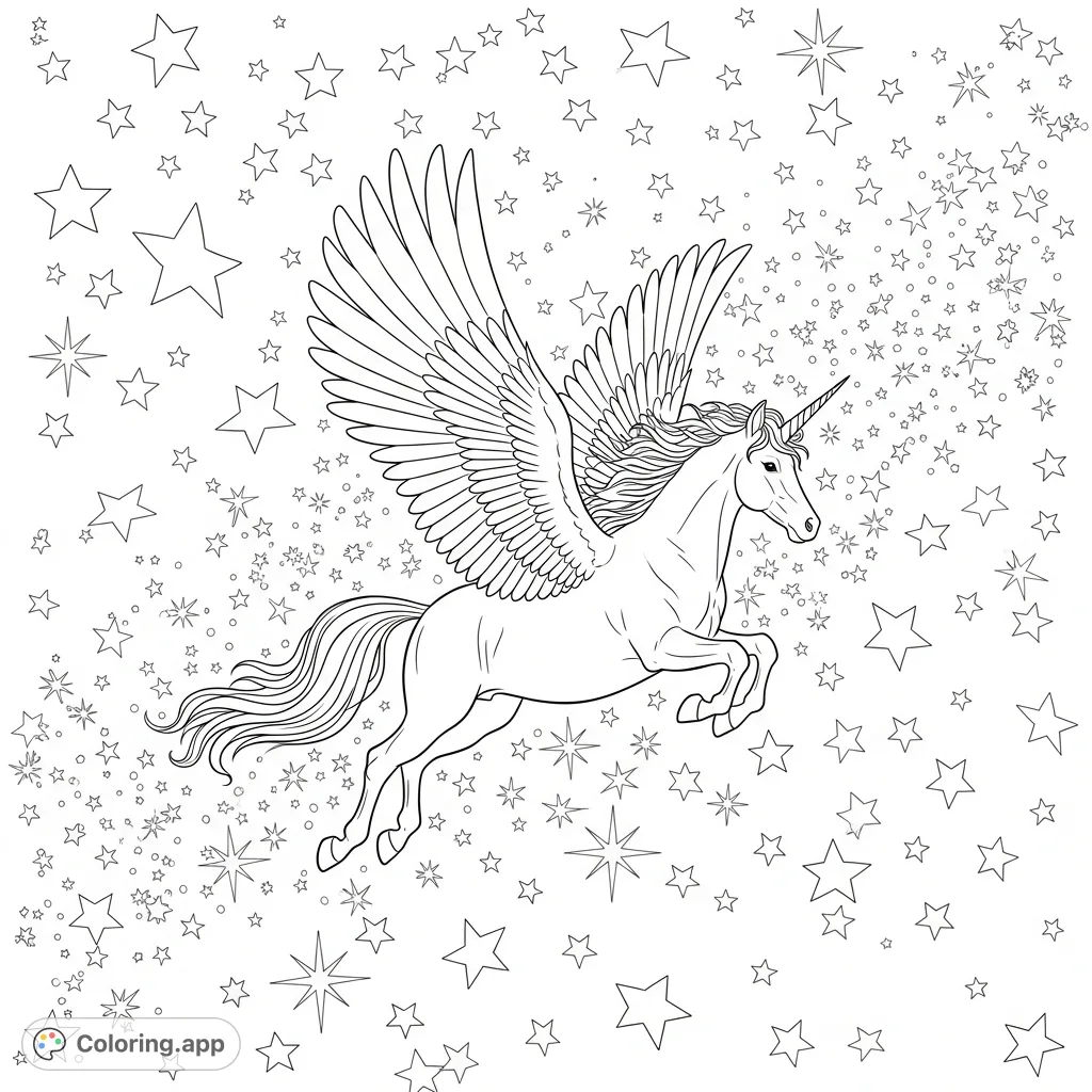 A majestic unicorn flies through a vast starry sky, surrounded by shimmering sparkles. A magical fantasy scene for enchanting coloring.