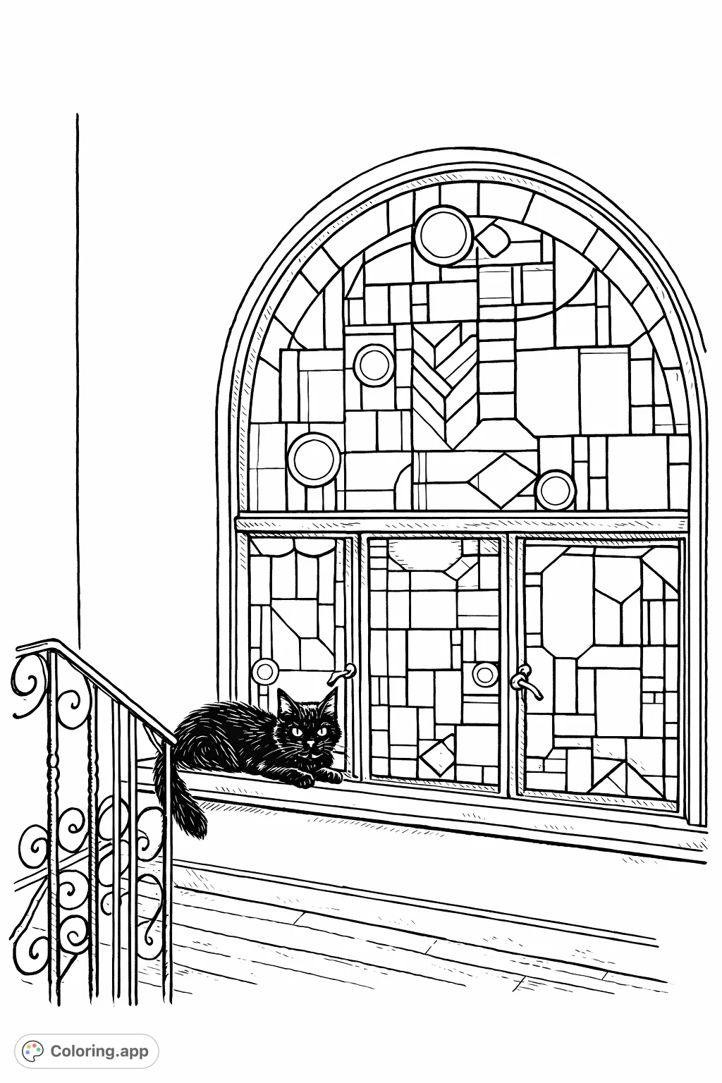 Discover a charming scene with a fluffy cat perched on a windowsill, looking out through an intricate, arched geometric patterned window, perfect for creative expression.