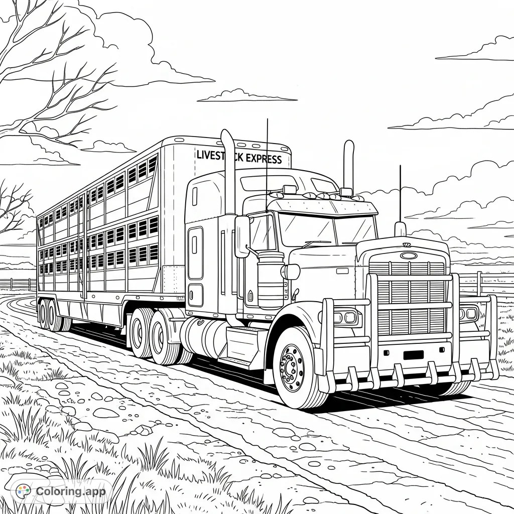 Color a powerful long-nose semi-truck with dual exhaust and a multi-level animal transport trailer on a rugged dirt track with an open field background.