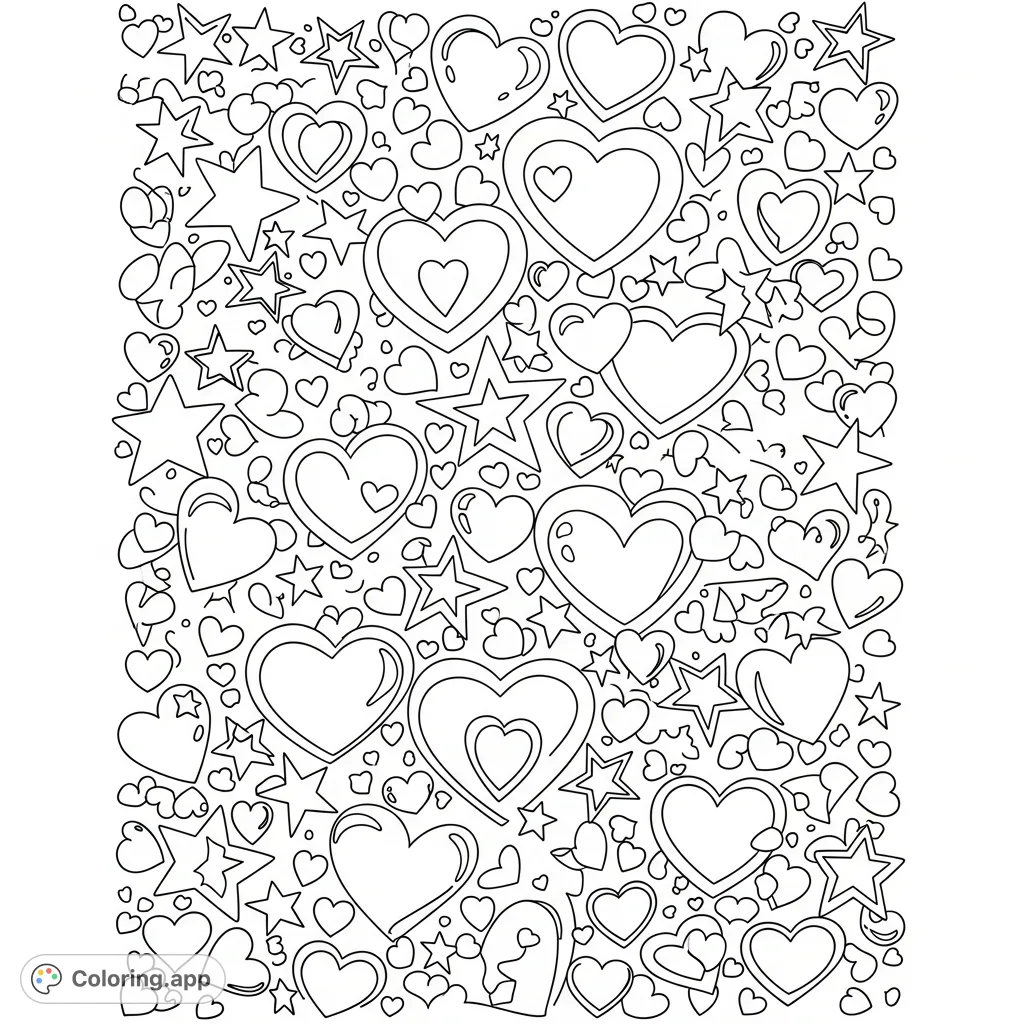 An enchanting doodle pattern filled with hearts and stars of various sizes and forms, perfect for a relaxing and creative coloring experience.