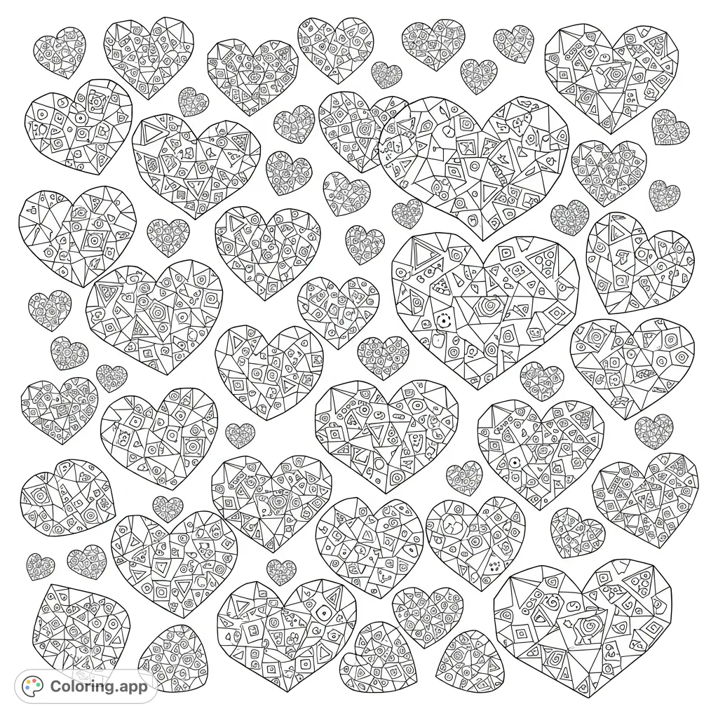 Discover a free printable intricate geometric heart pattern coloring page. Perfect for detail-oriented colorists and abstract art enthusiasts.