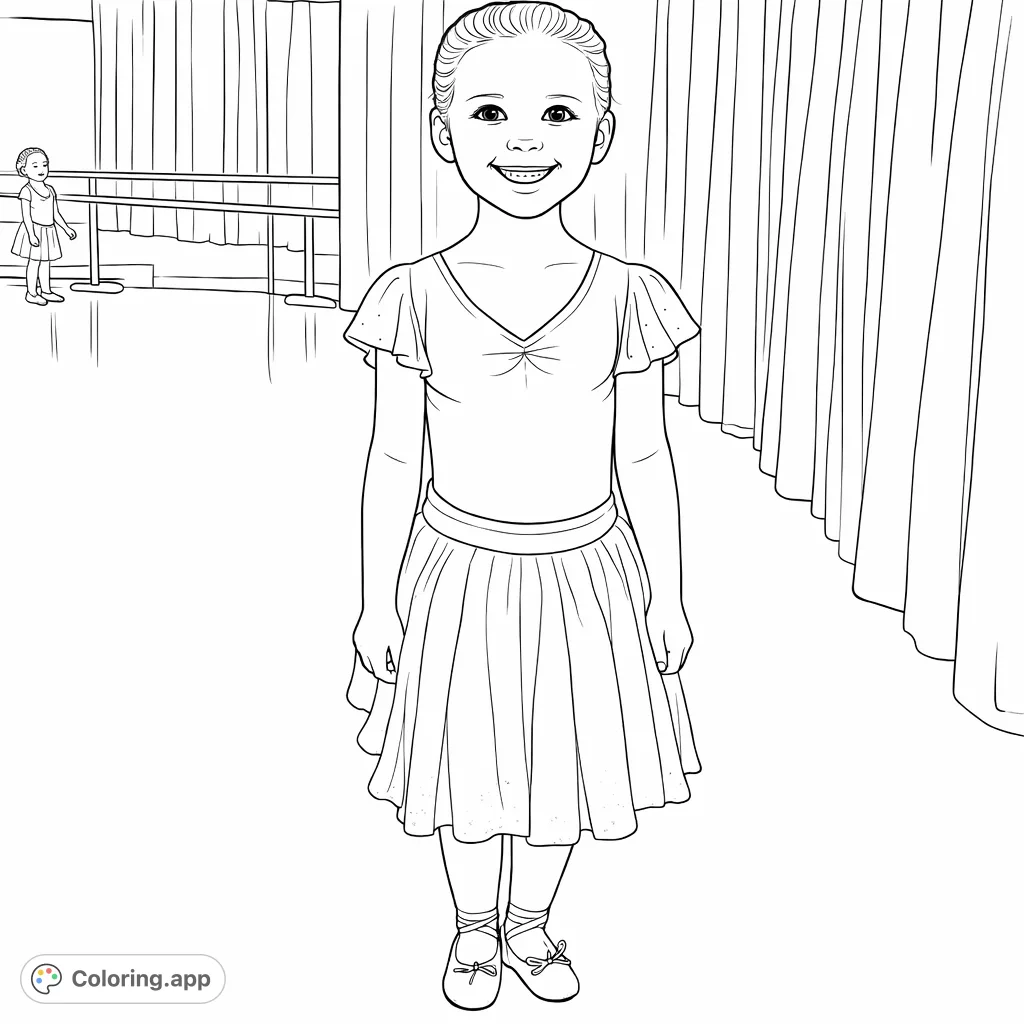 Capture the joy of dance with this delightful ballerina coloring page. A young dancer in her studio, ready for an imaginative performance.