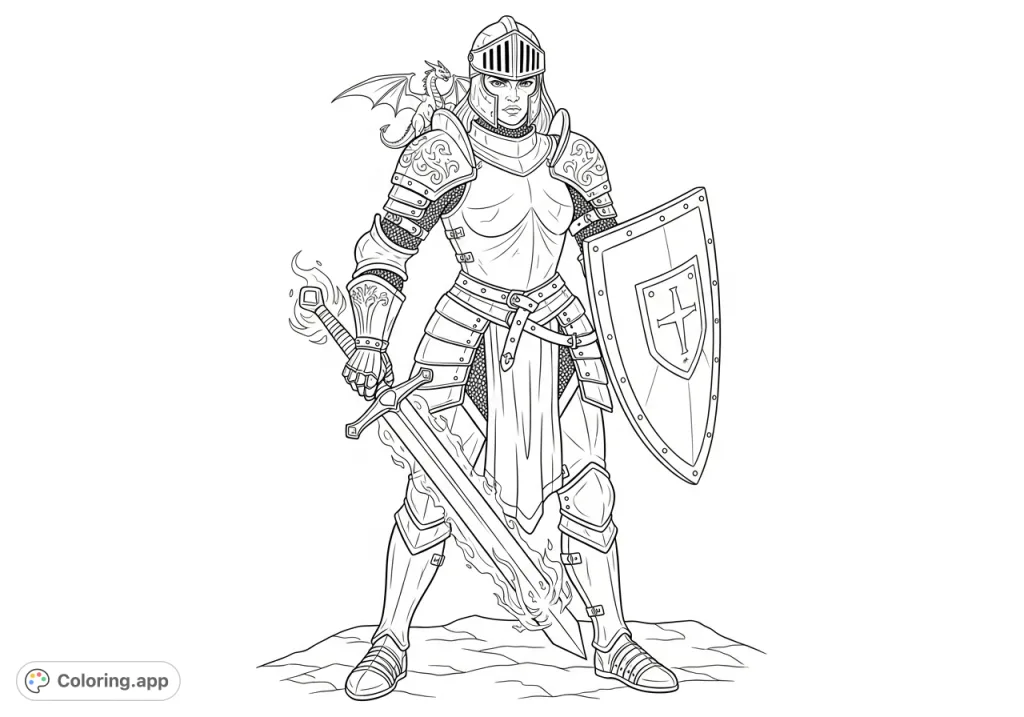A powerful female knight in detailed armor stands fiercely, broadsword and shield ready for action. Unleash your creativity on this epic warrior coloring page.